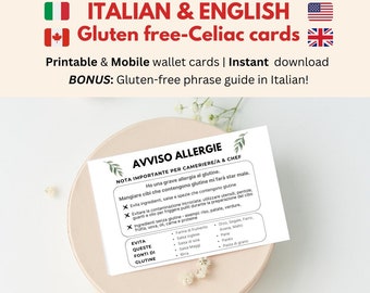 Printable Italian English Gluten Allergy Cards • Celiac Restaurant Card • Italy Travel • Coeliac Italian Medical Alert