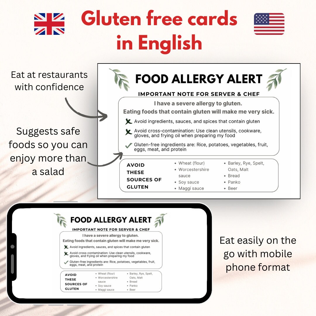 Printable English Gluten Allergy Card • Celiac Restaurant Card • Travel ...