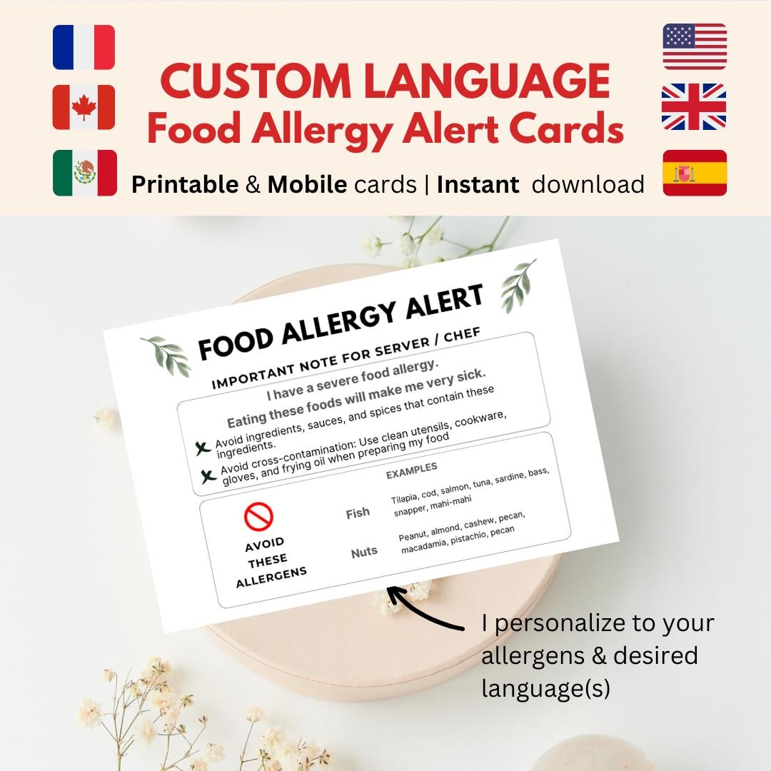 Language Intolerance Custom Listing - Printable Foreign Language Food Allergy Card ...