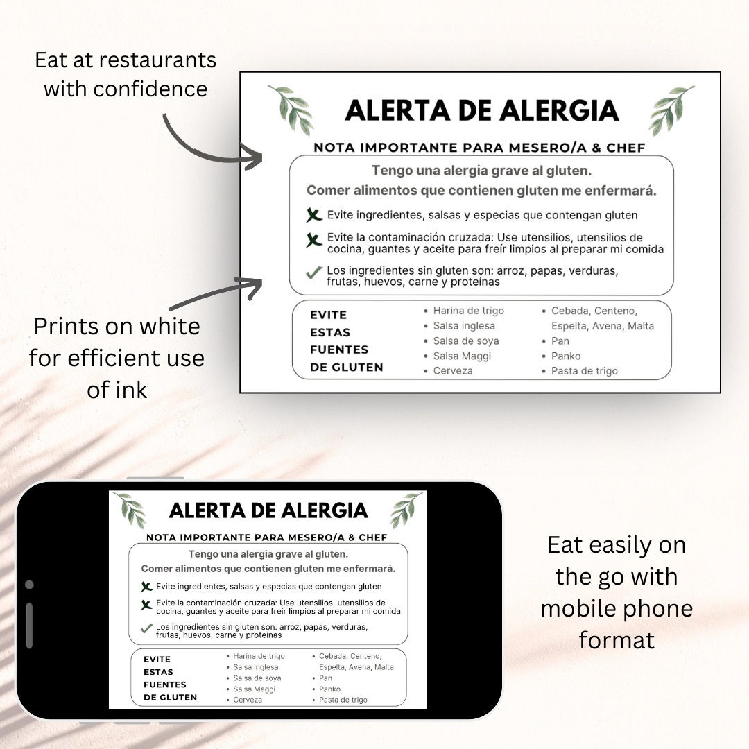 Printable Spanish &amp; English Gluten Allergy Card • Celiac Restaurant ...