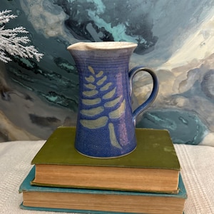 Vintage Hand Thrown Studio Art Pottery Pitcher Small Ceramic Pitcher Hand Painted Blue Green Leaf Cream Speckled Handmade Pottery Vase
