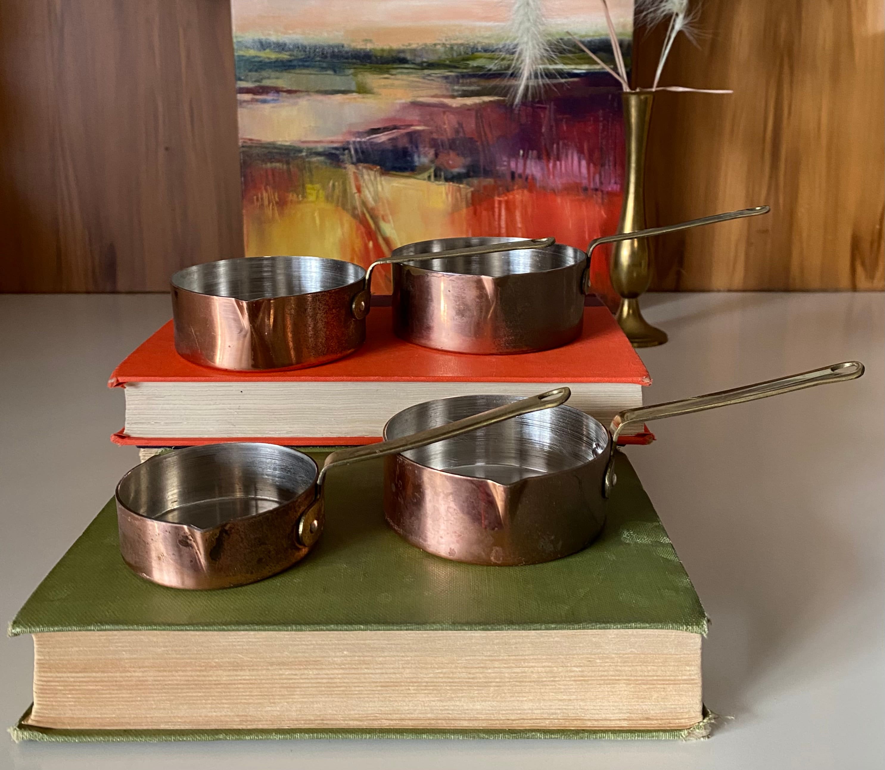 Vintage 5 Piece Copper/Brass Tall Liquid Measuring cups & Wall