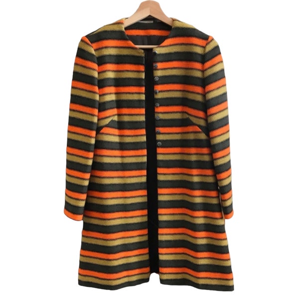 Vintage 60s Mod Coat Women’s A Line Coat Handmade MCM Original Hand Sewn Women’s Coat 1960s Stripes XS to Small Avocado Green Orange Brown