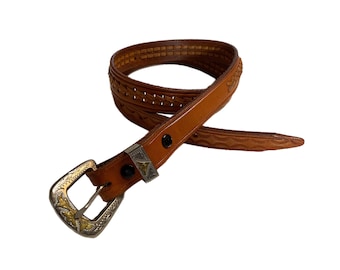 Full Grain Hand Tooled Leather Belt Braided Tan Leather Silver & Brass Buckle Women’s sz 36 Cowgirl Western Midwestern 1” Wide Classic Belt