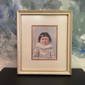 Vintage 60s Nora Peter Framed Art Print Canadian Indigenous Art Inuit Child Gallery Wall Hanging Canada Inuit Nunangat Eskimo Child Boy Girl
