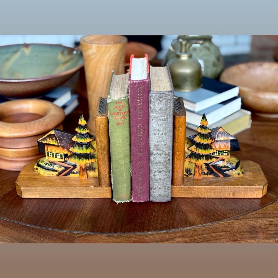 Vintage Handcrafted Wooden Book Ends Hand Painted 3D Scene Wood ...