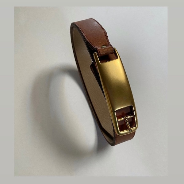 Genuine Leather Belt Mod Depose Made in Spain Womens Belt Tan Leather Brushed Gold Buckle Fashion size XL 41-43” Vintage Belt