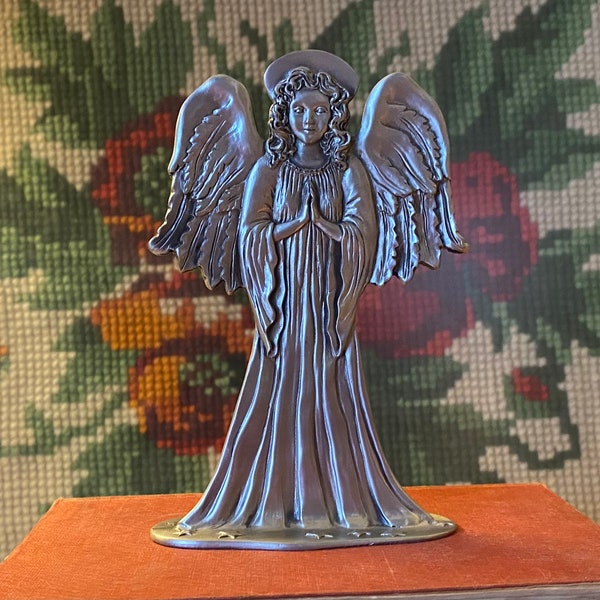 Vintage 80s Pewter Angel Seagull Pewter Gloria Angel Made in Canada 1986 Silver Ornate Detail Standing Figure Shelf Holiday Decor Star Wings