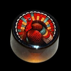 Puede incluir: Un objeto redondo y translúcido que presenta una ilustración detallada de un pavo con una cola en forma de abanico de colores vibrantes. El pavo tiene la cabeza y el cuello de color rojo brillante, con plumas en tonos marrón, rojo, azul y amarillo sobre un fondo negro.