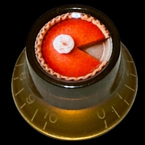 Op de afbeelding: Een donkerbruine, ronde bedieningsknop met een miniatuurafbeelding van een oranje pompoentaart op de bovenzijde. De taart heeft een gekartelde korst, een toefje witte slagroom en een ontbrekend stukje. De knop heeft cijfermarkeringen van 0 tot 10.