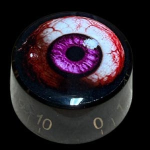 May include: A cylindrical black control knob featuring a detailed graphic of a bloodshot human eyeball with a vibrant purple iris on its top surface. The side of the knob displays white numerical markings ranging from zero to ten for adjustment.