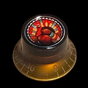 Puede incluir: Un mando de control circular con una base de color ámbar translúcido que presenta números grabados del cero al diez. La superficie superior muestra una ilustración detallada y colorida de un pavo con la cola en abanico en tonos rojos, naranjas y marrones.