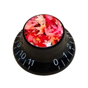 Peut inclure: Un bouton de commande noir avec un dessus circulaire arborant un motif de feuilles d'automne rouge et orange vif. Le côté incliné du bouton est marqué de chiffres blancs allant de zéro à onze, indiquant les réglages d'un instrument de musique.