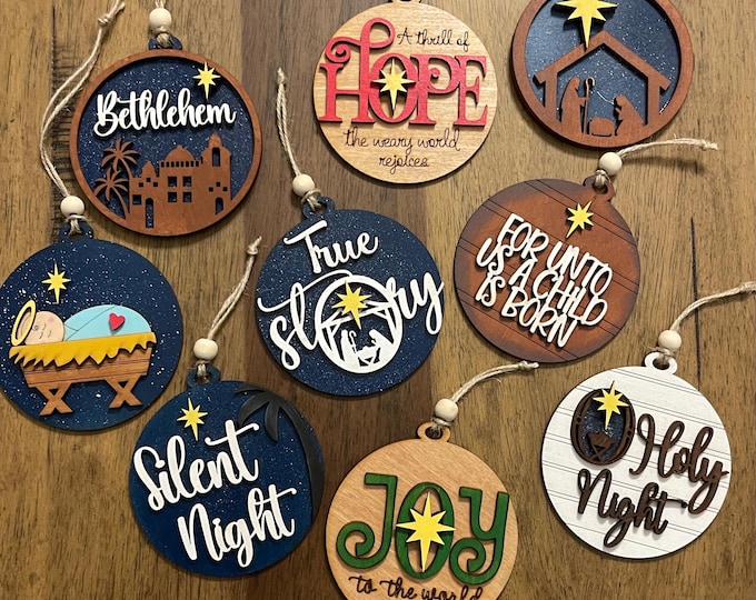 Rustic Wooden hand-painted nativity themed Christmas Ornaments