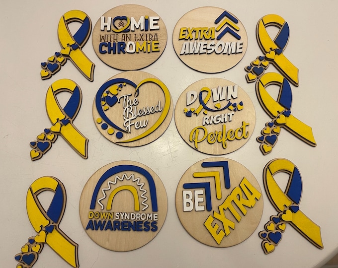 Down Syndrome Awareness 4 inch 12 ornament bundle. 6 Round 6 ribbons.