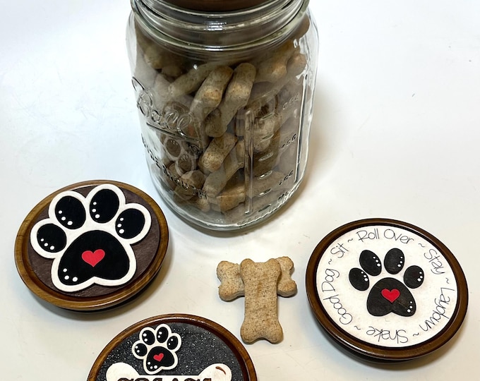 Treat Your Pets! - Rustic wood Cat and Dog Pet Treat Mason Jar Lids.