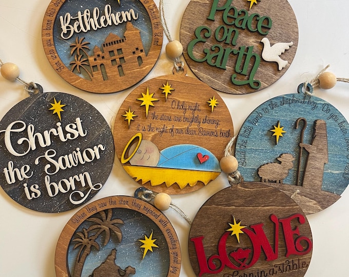 Rustic Wooden hand-painted nativity themed Christmas Ornaments