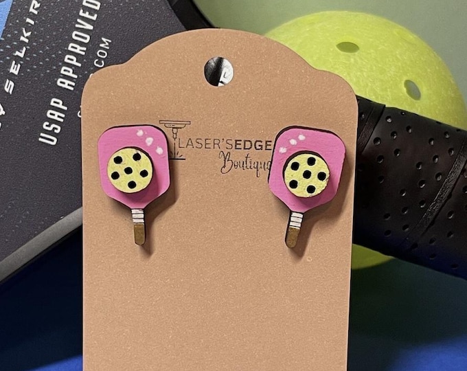 Pickleball engraved hand painted wooden earrings