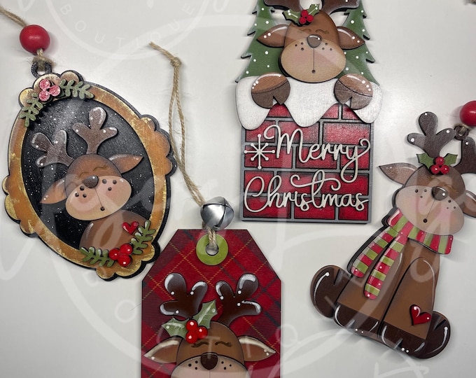 Whimsical Reindeer personalized hand-painted Christmas ornaments