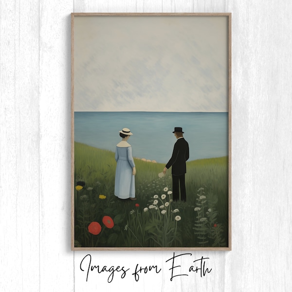 Flower Fields People Downloadable Printable Digital Wall Art, Nostalgic romantic muted seascapes people in fields with flowers