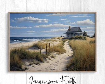 Beach Landscape Cottage Downloadable Printable Digital Wall Art, Sand path to the beach house, Soothing photorealistic coastal landscape