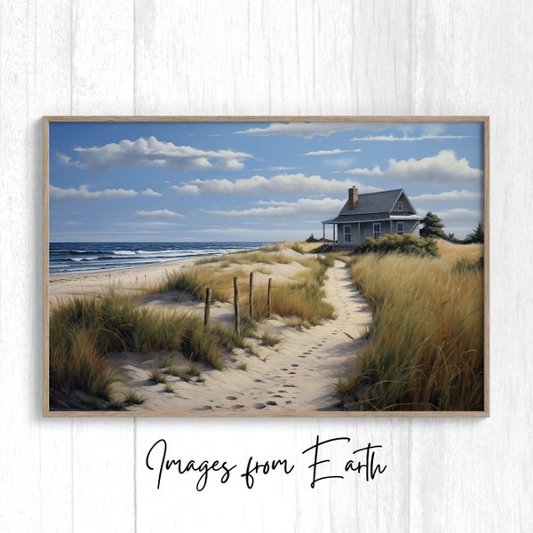 Beach Landscape Cottage Downloadable Printable Digital Wall Art, Sand path to the beach house, Soothing photorealistic coastal landscape