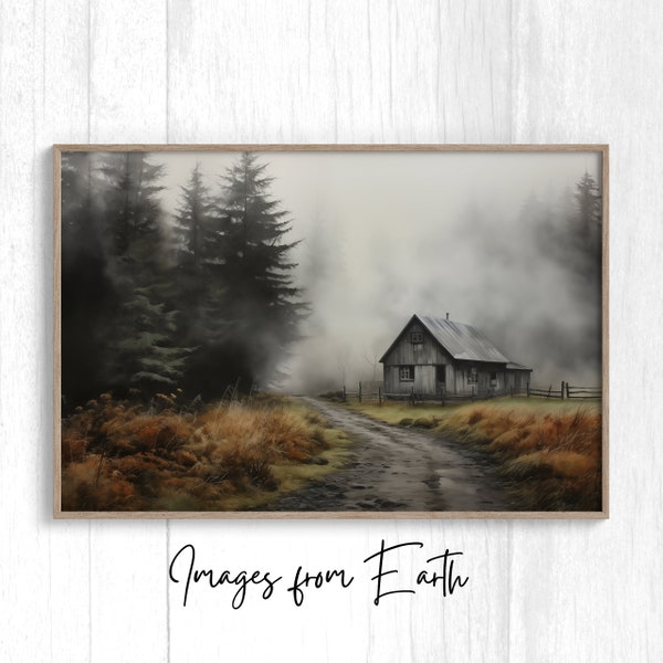 Antique Norwegian Cabin Downloadable Printable Digital Wall Art, Vintage cabin in a foggy forest near a country farm road on a stormy day