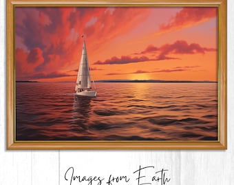 Arte de parede digital para impressão com veleiro ao pôr do sol no oceano, vibrante paisagem costeira náutica para decoração de casa.