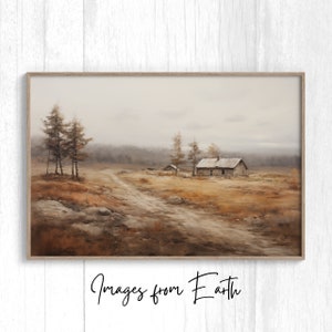 May include: A painting depicting a rustic cabin situated in a misty, open field with a dirt track leading towards it. The cabin is surrounded by trees and the sky is a muted grey. The painting features a muted colour palette of browns, greys, and greens.