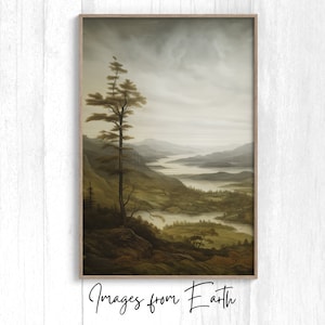 Rustic River Valley Download Printable Digital Wall Art, Historical illustration style of a river valley with a single tree in foreground