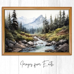 May include: A framed watercolour painting of a mountain landscape with a river flowing through a forest. The artwork features a wooden frame and the text "Images from Earth" in cursive at the bottom. The painting depicts a serene natural scene with trees, rocks, and mountains.