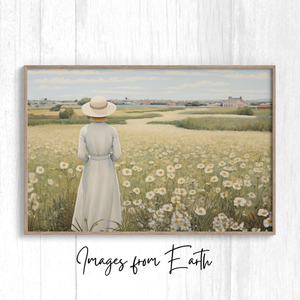 Flower Fields People Downloadable Printable Digital Wall Art, Nostalgic romantic muted landscapes people in fields with flowers