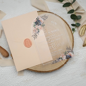 Invitación dorada blanca con sobre de color salmón Invitación temática rosa con sello de cera personalizado Tarjetas de invitación únicas para boda