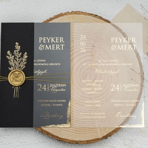 Goldfolie Acryl Hochzeitseinladung, Goldvergoldete Acryleinladung, Elegante Einladung mit Goldvergoldetem Blattmuster Schwarzer Umschlag