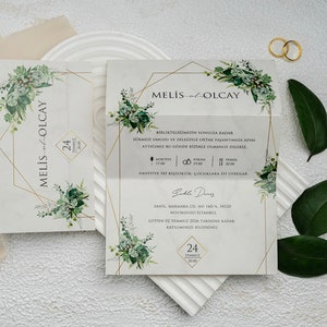 Minimalistische Hochzeitseinladungskarte, Blatt verzierte Einladungskarte, einzigartige Hochzeitseinladung, individuelle Einladung, minimalistische Hochzeitseinladungen