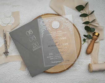 Custom Acrylic Invitation Cards with Wax Seal Stamp, Gray Themed Invitations, Silver Foil Grey Envelope, Clear Transparent Invitation Cards
