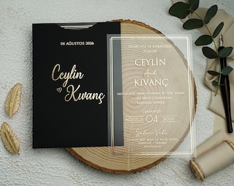 Elegante Acryl-Hochzeitseinladung, Gold-rechteckige Design-Acryl-Einladung, Luxus-Hochzeitseinladung, bearbeitbare Gold-Acryl-Einladungen
