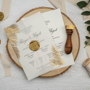 Pergament-Hochzeitseinladungs-Set, Gold-Glitzer-Blatt-Muster-Design, benutzerdefinierte Pergament-Einladungskarte, Gold-Wachs-Siegel-Stempel, Pergament-Umschlag