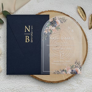 Ovale bloemen acryl uitnodigingskaarten, donkerblauwe bruiloft uitnodiging, baby shower uitnodiging, aangepaste gebogen bloem versierde uitnodigingskaart