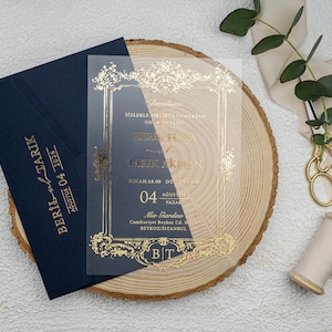 Dunkelblaue Umschlag Acryleinladungskarte mit Goldfolie, Elegante Hochzeitseinladungskarte aus Acryl, Minimalistische Karten, Vergoldete Einladung