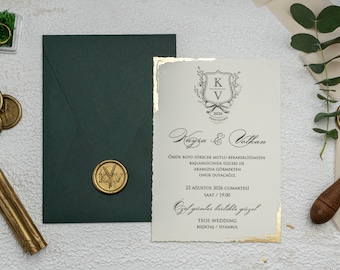 Wedding Invitation with Green Envelope and Gold Wax Seal Unique Wedding Invitation Card Wedding Announcement for Guests Stylish Invitation