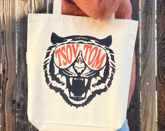 Tsov Tom Tote Bag – Organic Cotton Canvas, Bold Tiger Hmong Design, Durable Eco-Friendly Bag