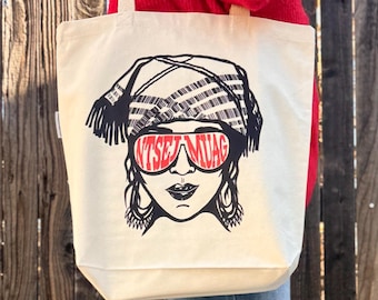 Ntsej Muag Tote Bag – Organic Cotton Canvas, Bold Hmong Fashion Woman Design, Durable Eco-Friendly Bag