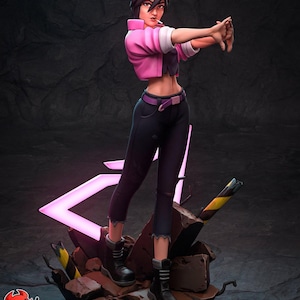 May include: A stylized figurine of a character with short dark hair, wearing a cropped pink jacket, dark pants with a purple belt, and black boots. The character stands on a base of rubble with a glowing pink triangular neon light element.