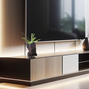 May include: A small, brown, potted plant with green leaves sits on a wooden shelf. The plant is shaped like a character from a popular film. The shelf is part of a modern entertainment unit with a flat screen TV mounted above it.