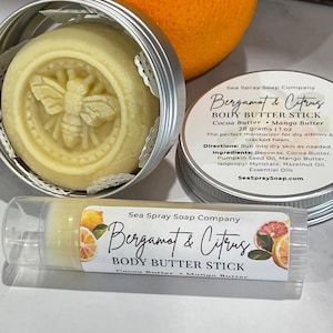 Solid Lotion Stick: Travel Moisturizer Bar - Beeswax, Cocoa Butter - Bergamot Citrus or Lavender