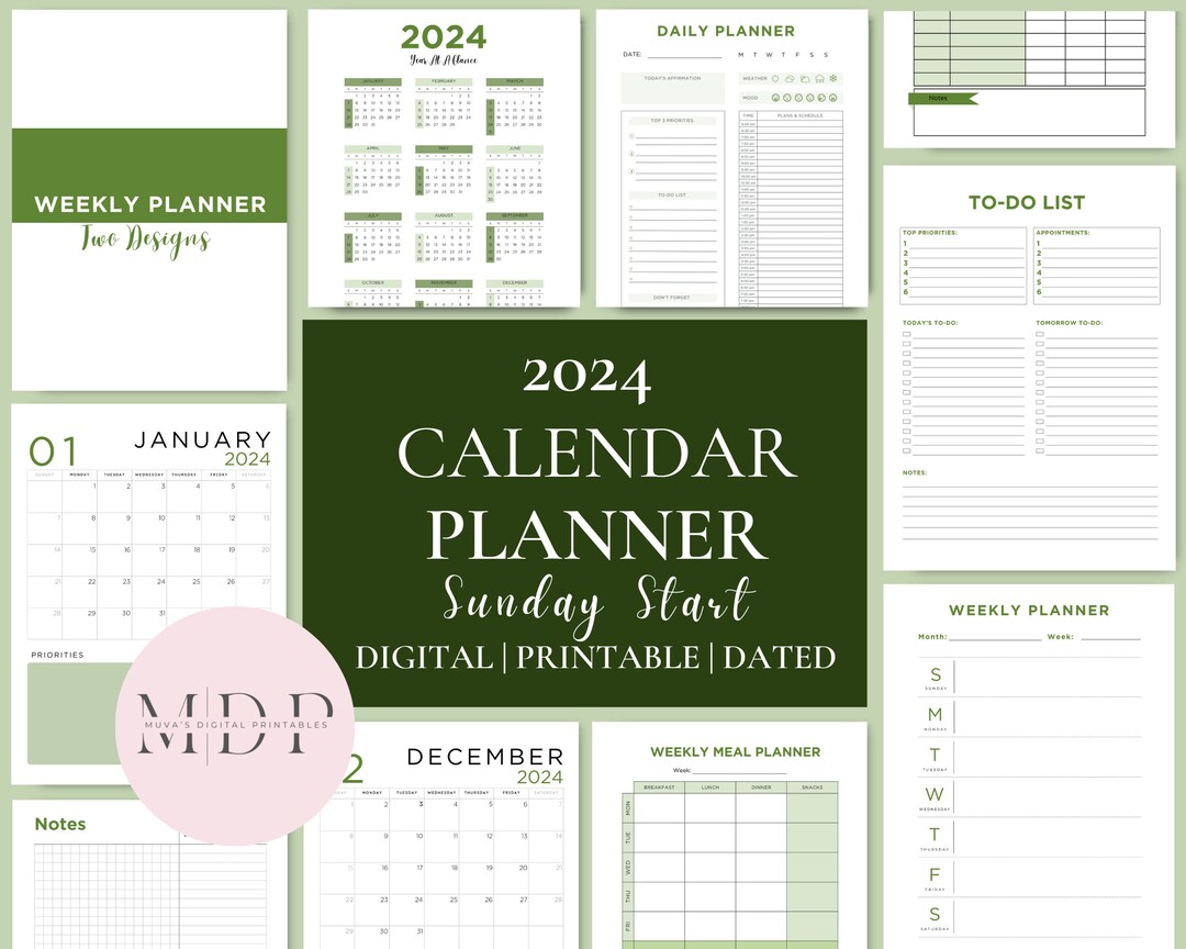 Sunday Week Start 2024 Calendar Planner (Download Now) Etsy