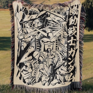 Gundam Anime Woven Blanket, 90s Vintage Anime Tapestry Throw, Robot Anime Lovers Room Decor, Japanese Manga , Retro Gundam Anime Blanket image 1
