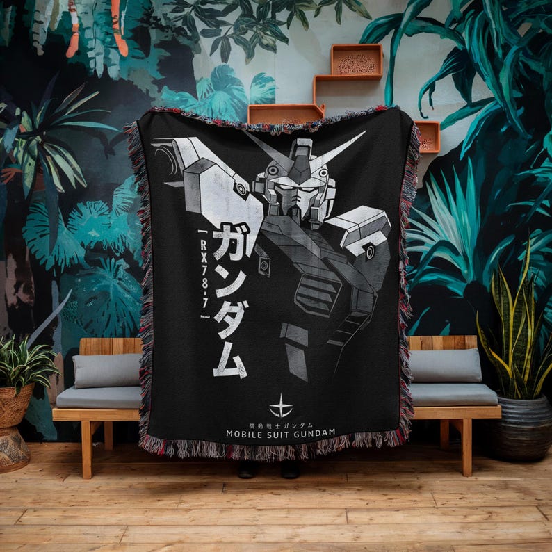 Gundam Anime Woven Blanket, 90s Vintage Anime Tapestry Throw, Robot Anime Lovers Room Decor, Japanese Manga , Retro Gundam Anime Blanket image 2