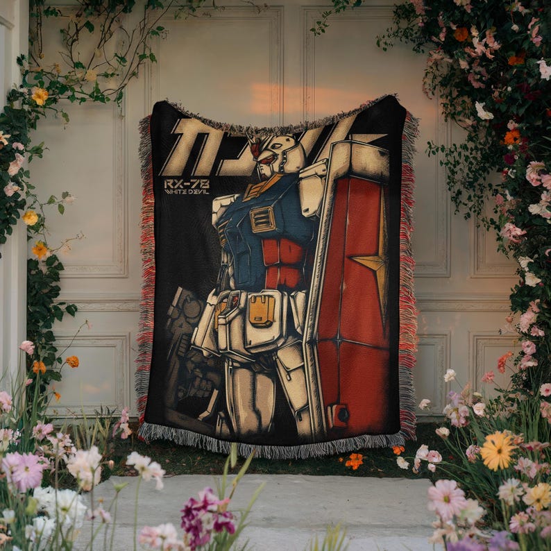 Gundam Anime Woven Blanket, 90s Vintage Anime Tapestry Throw, Robot Anime Lovers Room Decor, Japanese Manga , Retro Gundam Anime Blanket image 7